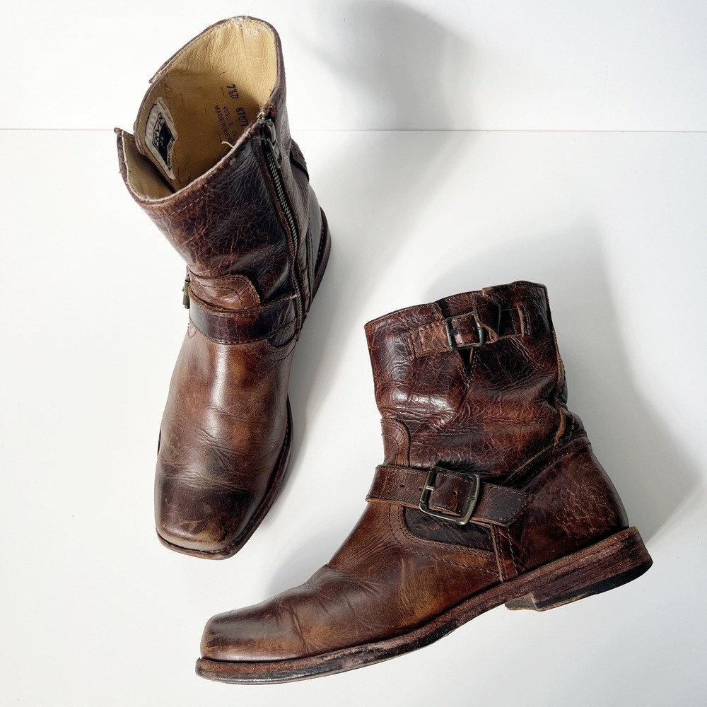 Frye Engineer Boots Womens 9 Brown Leather Buckle Moto Biker Square Toe Western